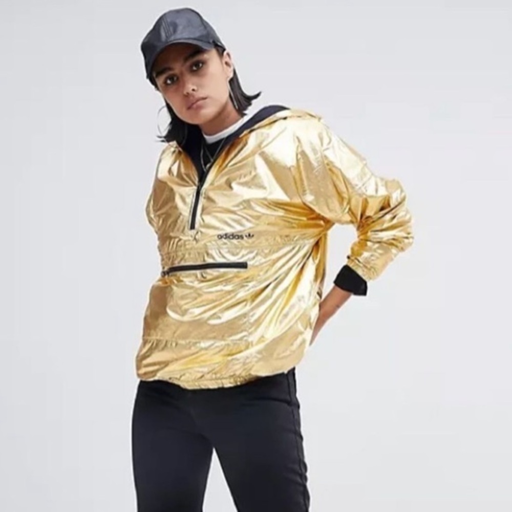 Adidas Originals Half Zip Hooded Jacket In High Shine Gold sz XS Sm